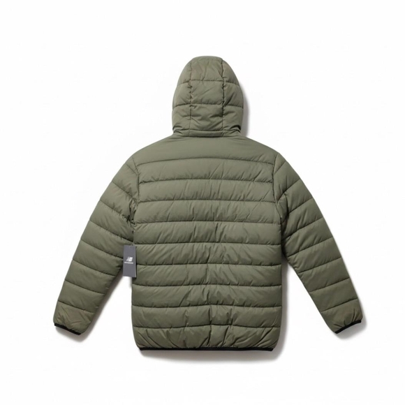 New Balance Hooded Puffer Tech Jacket in olive green For Men - Picture 2 of 2